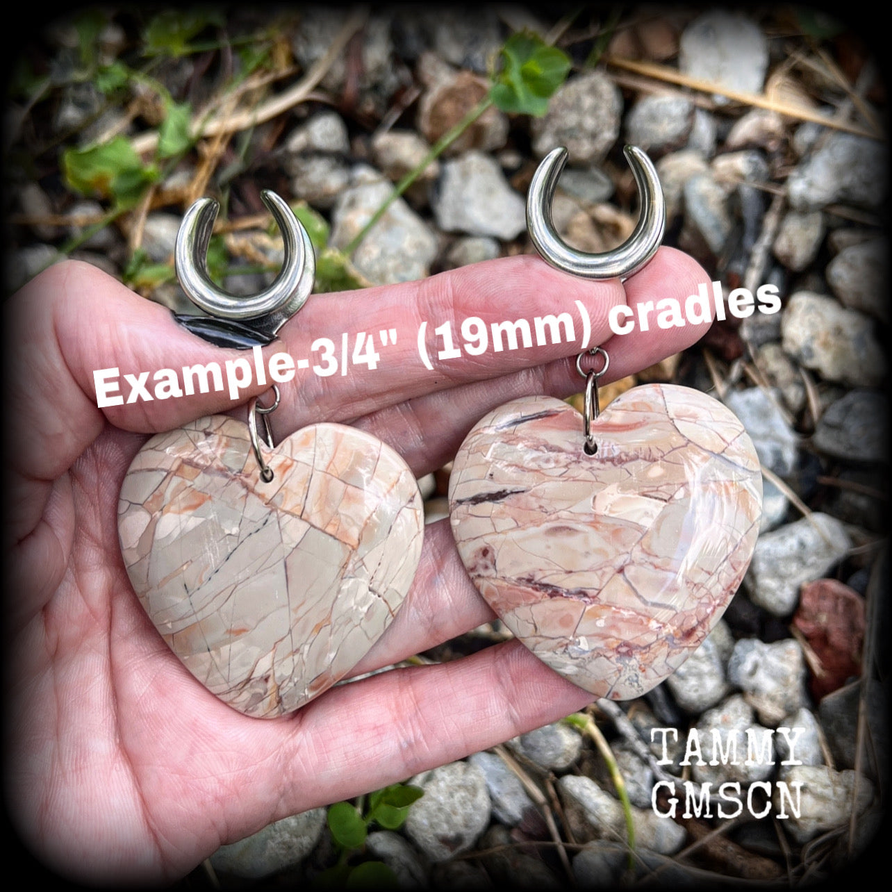 This is a pair of one-of-a-kind beautiful big Picture jasper heart gauged earrings, measuring just under 8cms from tip to tip, and weighing approx 25 grams each.
These earrings have been made on 3/4” gauge (19mm) surgical steel cradles.