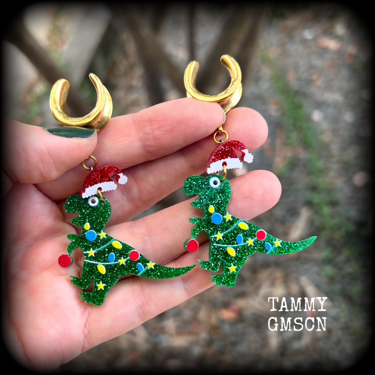Dinosaur gauged earrings-Christmas dinosaur earrings