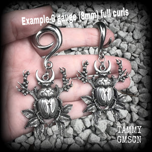 Moss goth scarab beetle gauged earrings-Insect ear weights