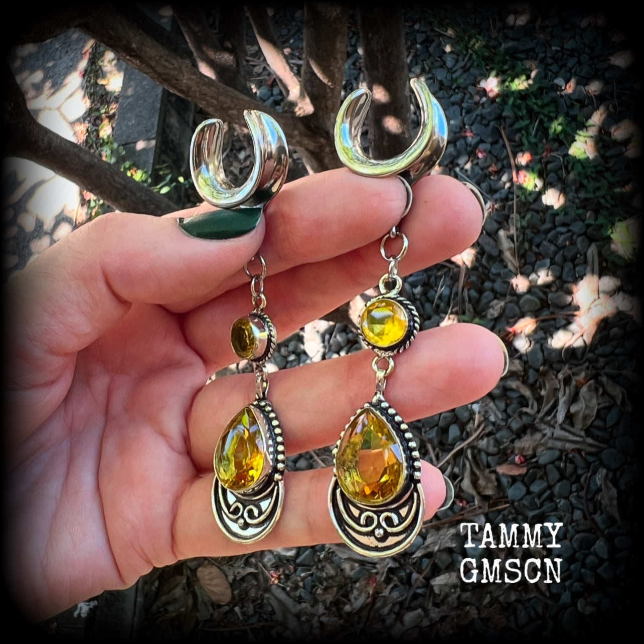 Yellow citrine gauged earrings-Gemstone ear weights
