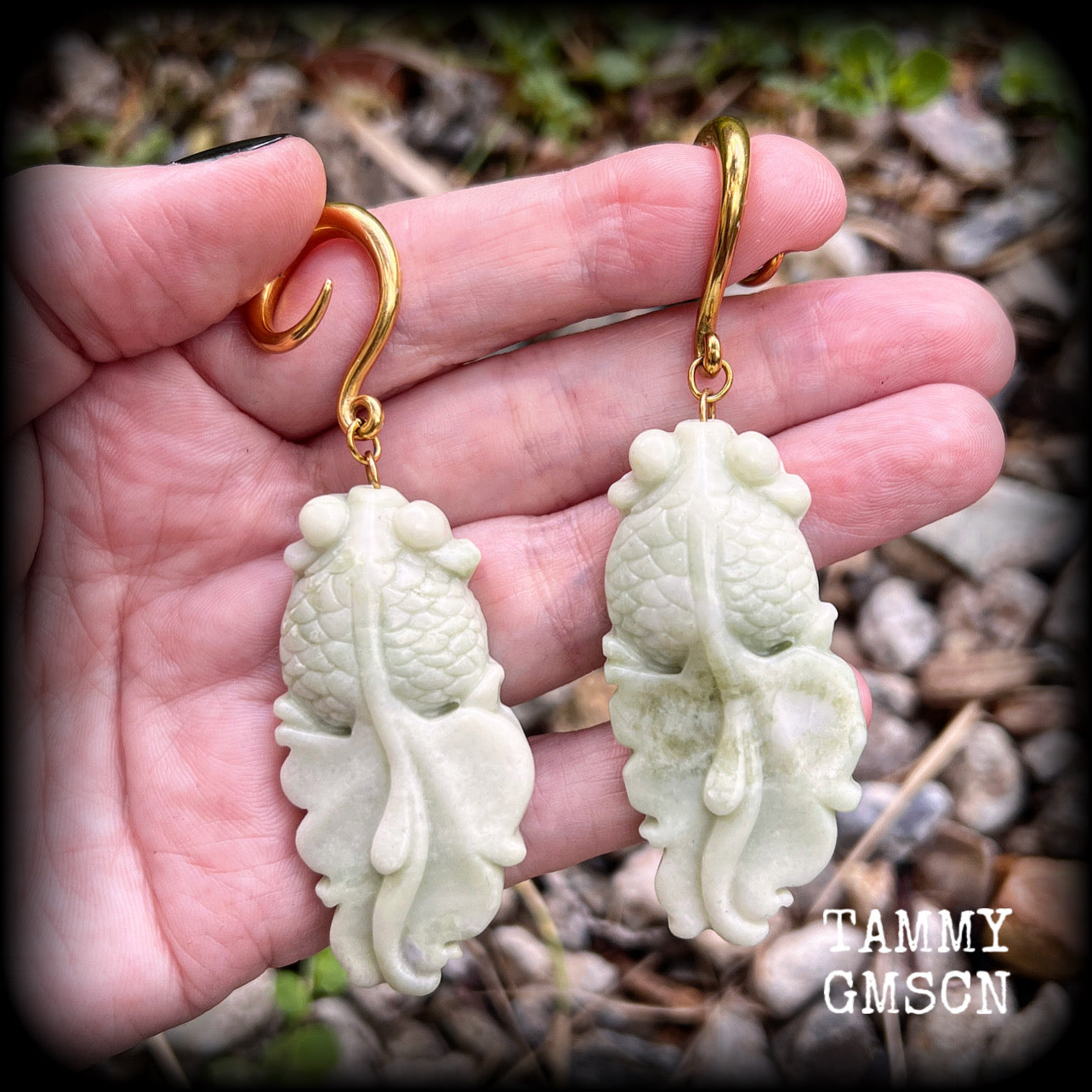 Chinese jade koi fish gauged earrings-Jade ear hangers