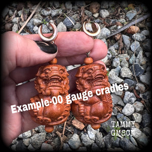 Foo dog gauged earrings-Carved wood ear hangers