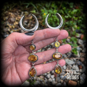 Made with beautiful dangly yellow citrine gemstones in a gorgeous boho antique silver setting, lovely and dangly at 10.5cms from tip to tip, and weighing approx 15 grams each, made on 1” gauge (25mm) surgical steel cradles, for stretched lobes.