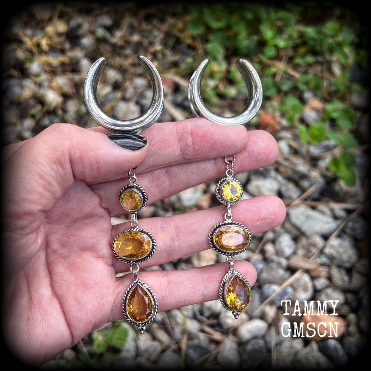 Made with beautiful dangly yellow citrine gemstones in a gorgeous boho antique silver setting, lovely and dangly at 10.5cms from tip to tip, and weighing approx 15 grams each, made on 1” gauge (25mm) surgical steel cradles, for stretched lobes.