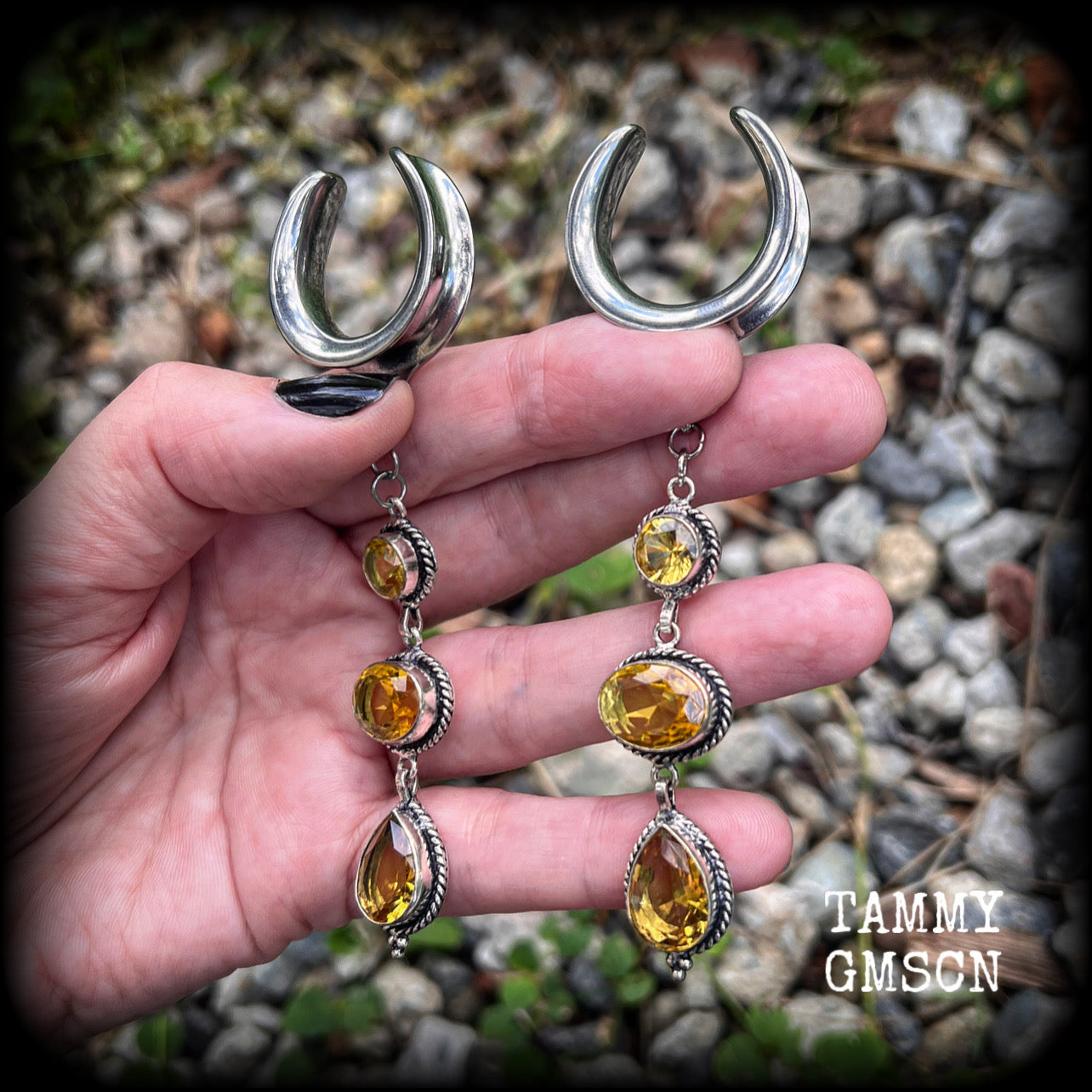 Made with beautiful dangly yellow citrine gemstones in a gorgeous boho antique silver setting, lovely and dangly at 10.5cms from tip to tip, and weighing approx 15 grams each, made on 1” gauge (25mm) surgical steel cradles, for stretched lobes.