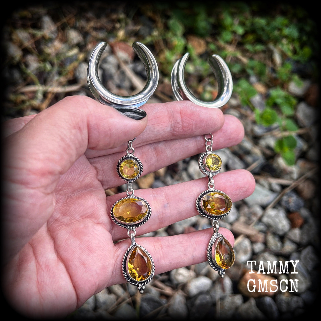 Made with beautiful dangly yellow citrine gemstones in a gorgeous boho antique silver setting, lovely and dangly at 10.5cms from tip to tip, and weighing approx 15 grams each, made on 1” gauge (25mm) surgical steel cradles, for stretched lobes.