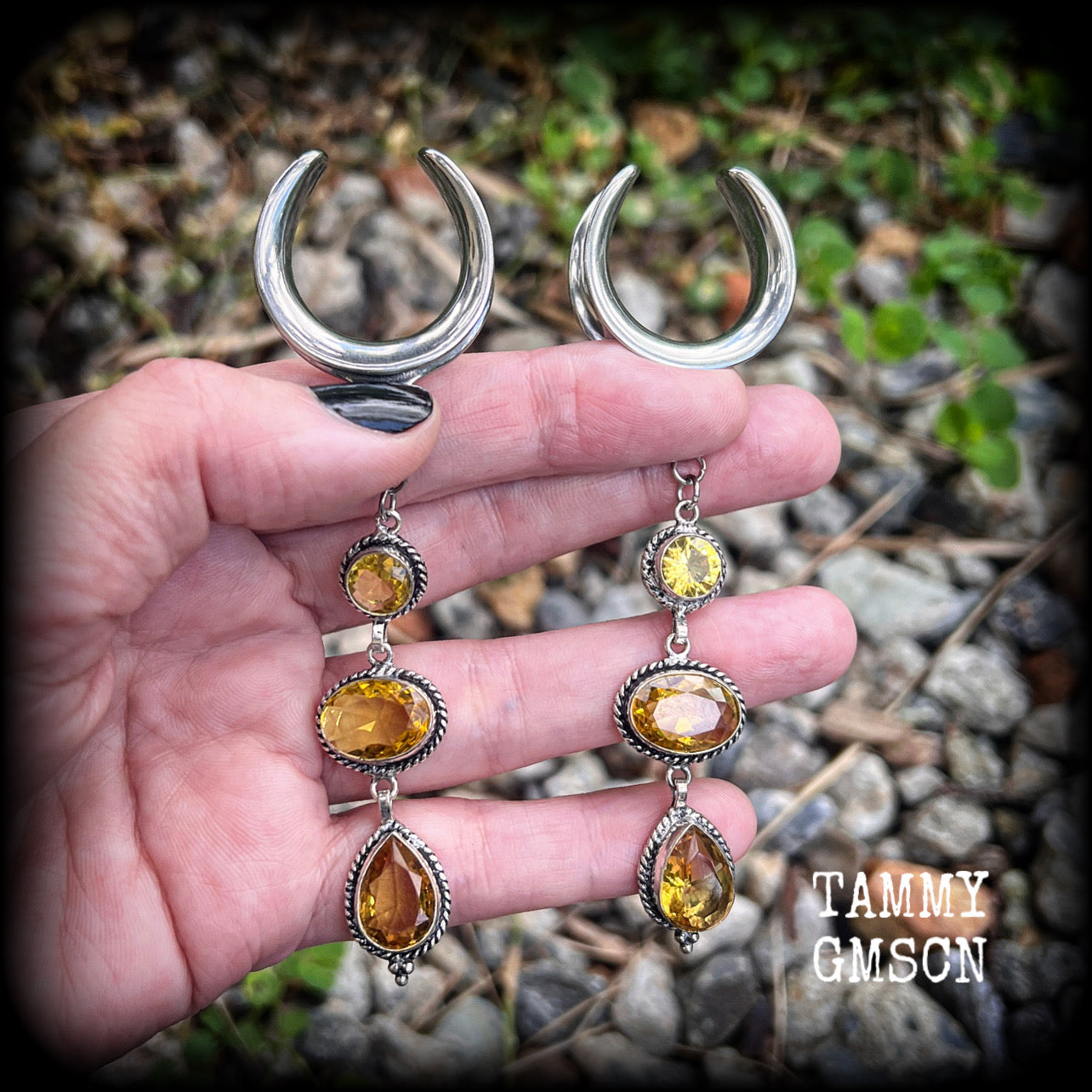 Made with beautiful dangly yellow citrine gemstones in a gorgeous boho antique silver setting, lovely and dangly at 10.5cms from tip to tip, and weighing approx 15 grams each, made on 1” gauge (25mm) surgical steel cradles, for stretched lobes.