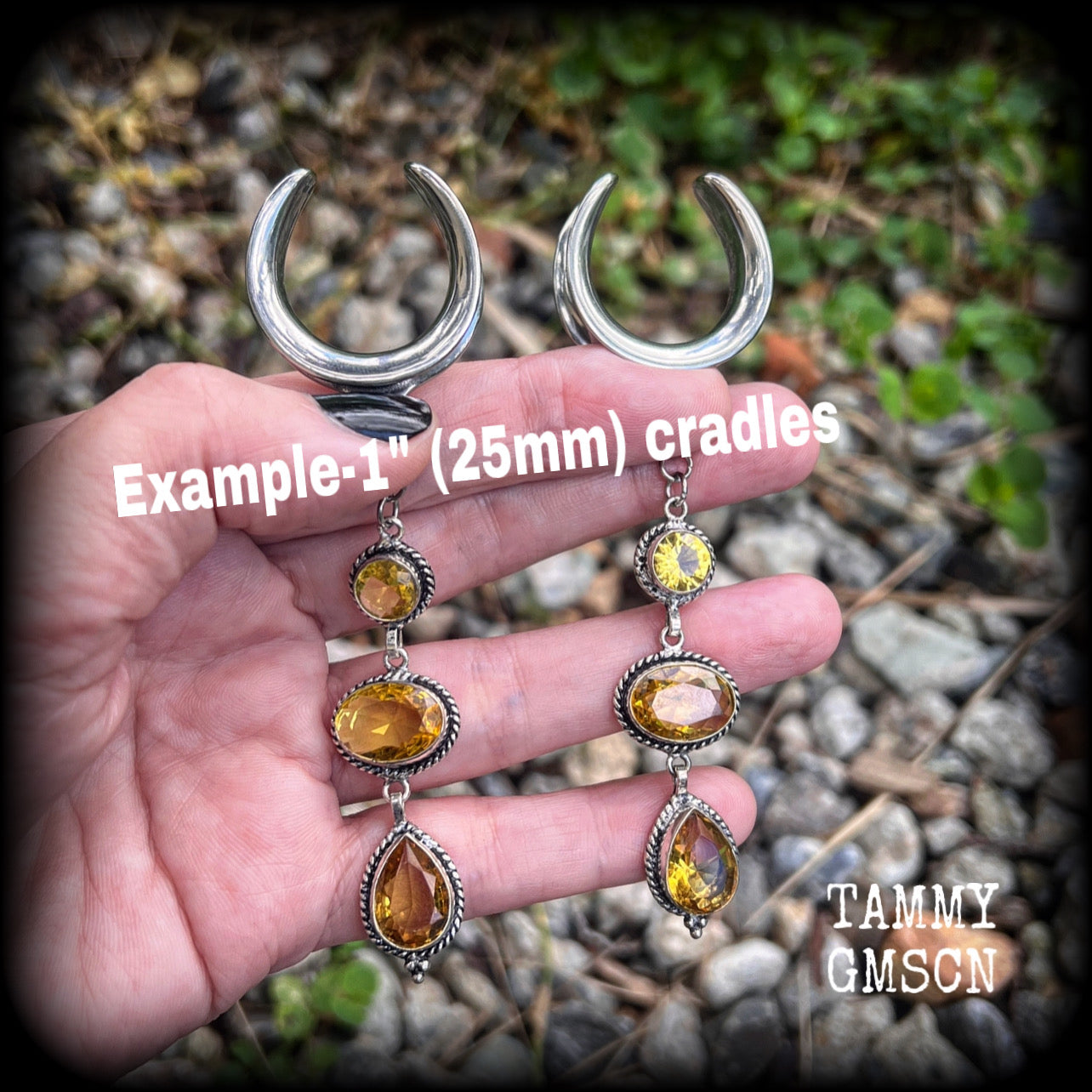 Made with beautiful dangly yellow citrine gemstones in a gorgeous boho antique silver setting, lovely and dangly at 10.5cms from tip to tip, and weighing approx 15 grams each, made on 1” gauge (25mm) surgical steel cradles, for stretched lobes.