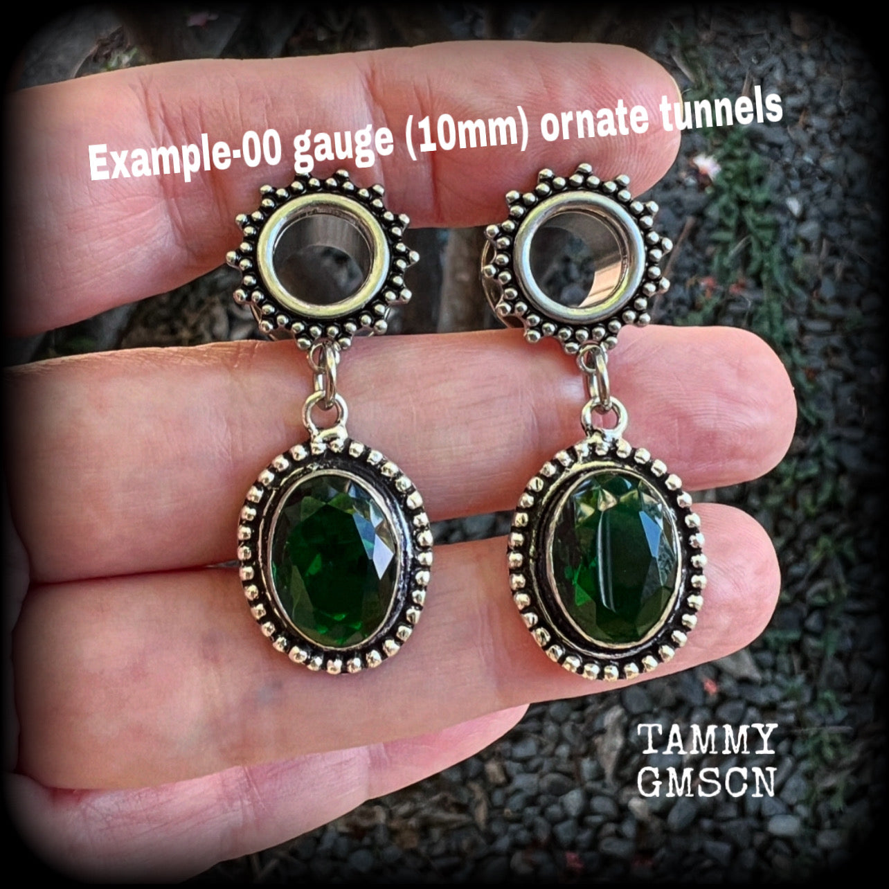 Green quartz tunnel dangles-Ornate gemstone ear gauges