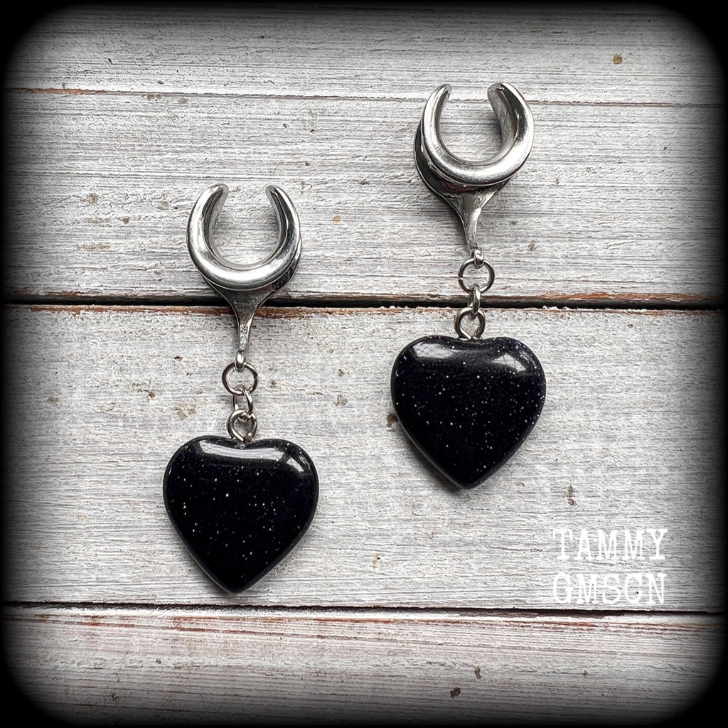 This is a pair of beautiful blue sparkling sandstone heart gauged earrings, measuring just over 5cms from tip to tip, and weighing approx 5 grams each, nice and lightweight.

This pair have been made on 1/2” gauge (12mm) surgical steel cradles, suitable for stretched lobes.