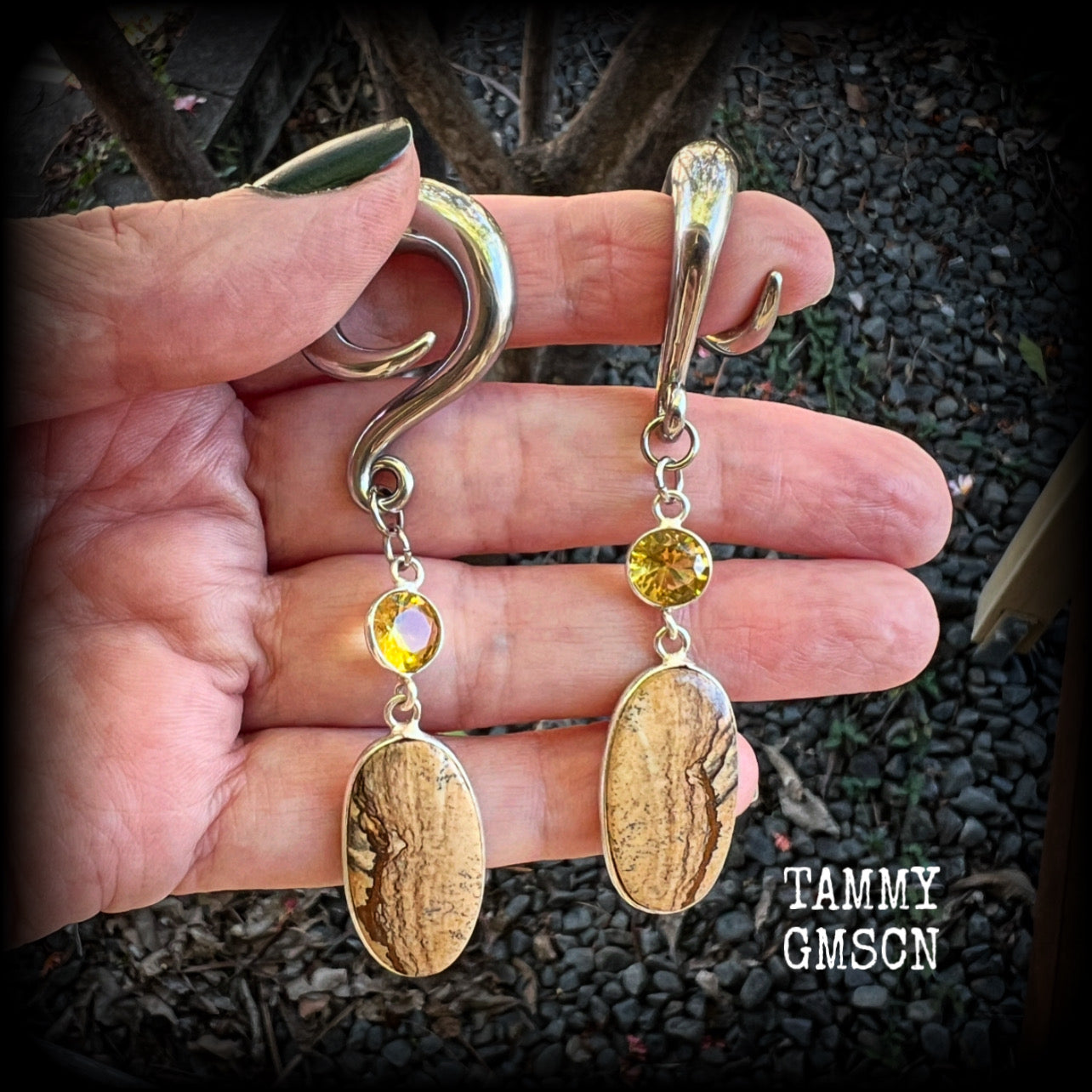 🔥 Picture jasper is used to connect to the Earth's energy, promote emotional balance, and inspire visualization in meditation.

Featuring beautiful picture jasper gems hanging from golden yellow citrine gemstones, these earrings measure just over 8cms from tip to tip, and weigh approx 17 grams each.

This pair have been made on 0 gauge (8mm) surgical steel full curl hooks, suitable for stretched lobes.
