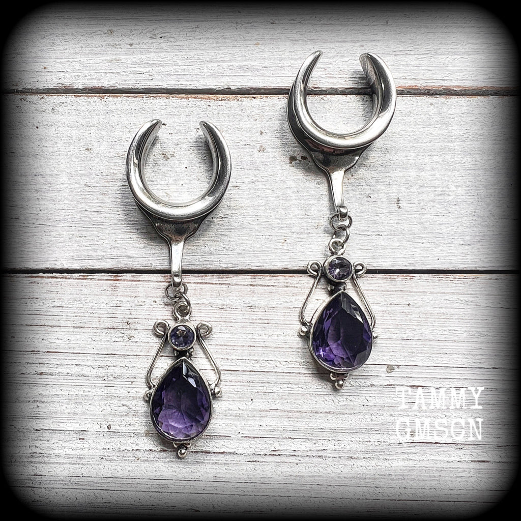 Amethyst ear hangers-Gemstone gauged earrings