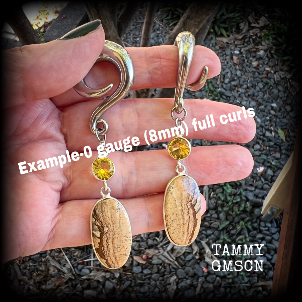 🔥 Picture jasper is used to connect to the Earth's energy, promote emotional balance, and inspire visualization in meditation.

Featuring beautiful picture jasper gems hanging from golden yellow citrine gemstones, these earrings measure just over 8cms from tip to tip, and weigh approx 17 grams each.

This pair have been made on 0 gauge (8mm) surgical steel full curl hooks, suitable for stretched lobes.
