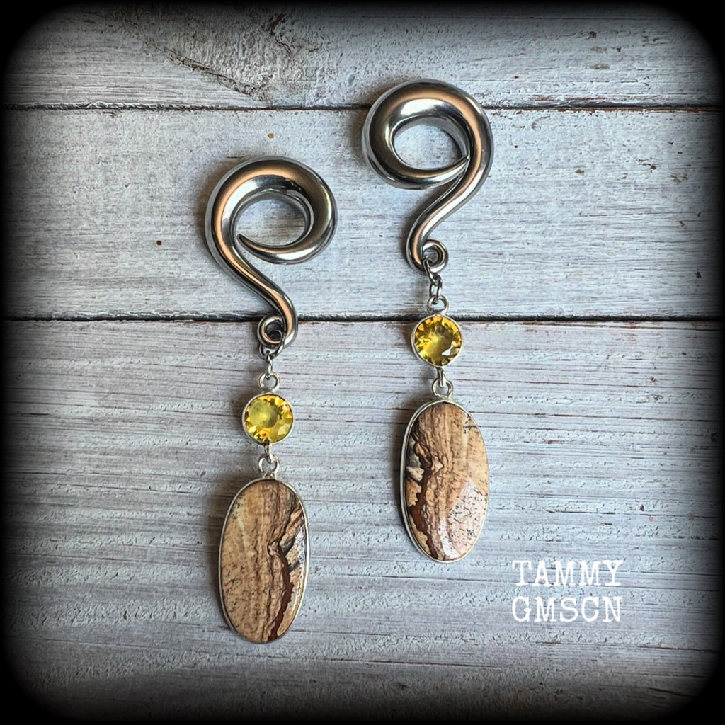 🔥 Picture jasper is used to connect to the Earth's energy, promote emotional balance, and inspire visualization in meditation.  Featuring beautiful picture jasper gems hanging from golden yellow citrine gemstones, these earrings measure just over 8cms from tip to tip, and weigh approx 17 grams each.  This pair have been made on 0 gauge (8mm) surgical steel full curl hooks, suitable for stretched lobes.