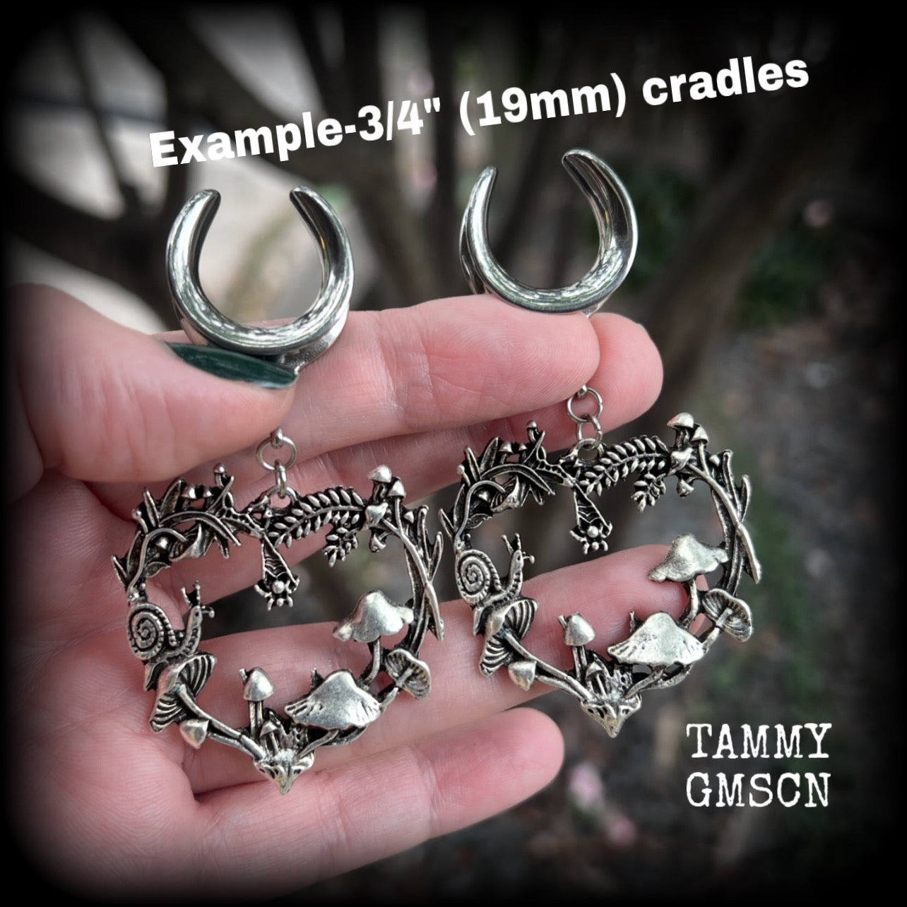 Silver snail and mushroom tunnel earrings-Forest punk Moss goth ear gauges