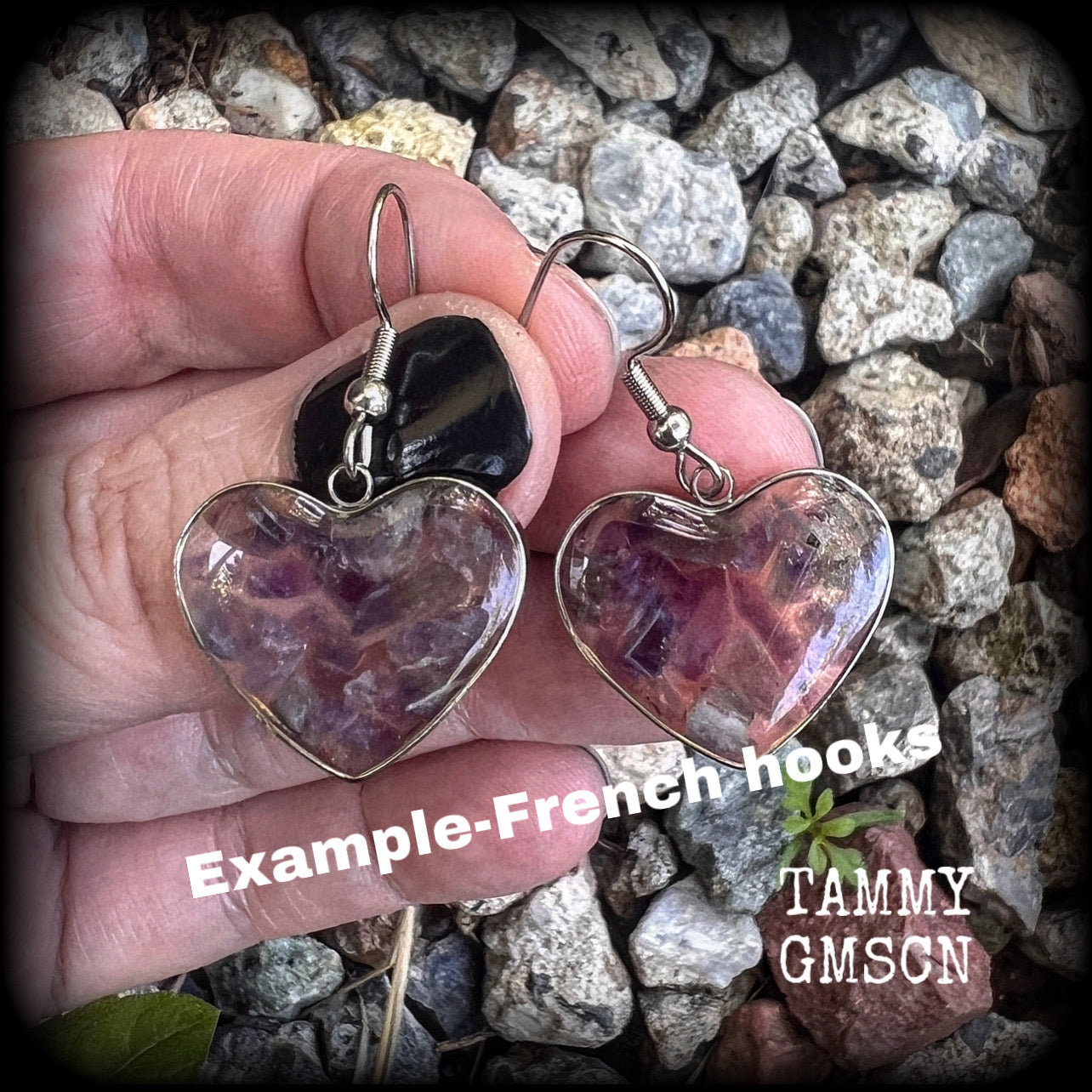 These beautiful gemstone earrings feature gorgeous amethyst gemstone chips set in a resin heart, are nice and lightweight at only 3 grams each and measure just on 4cms from tip to tip.

This pair have been made with stainless steel french hooks, for pierced ears.