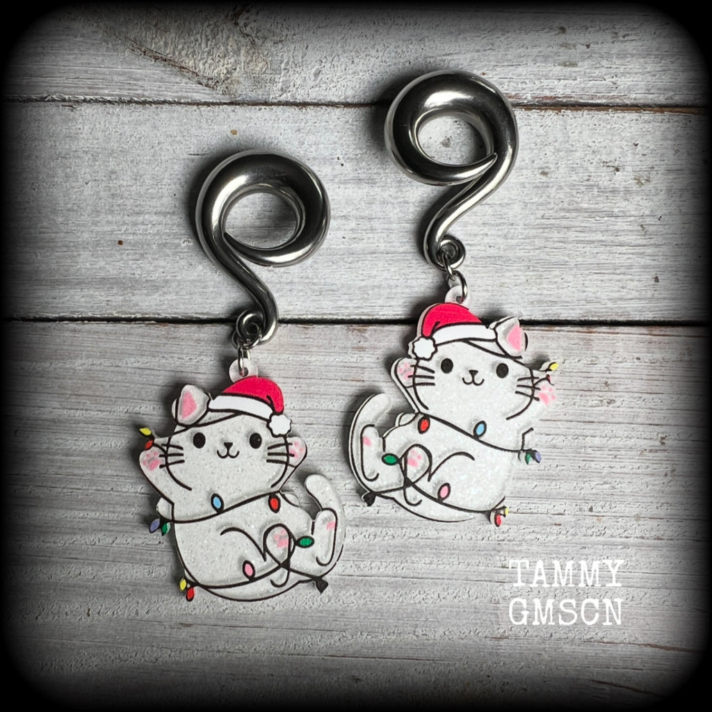 Christmas cat in Santa hat earrings-Christmas tree gauged earrings