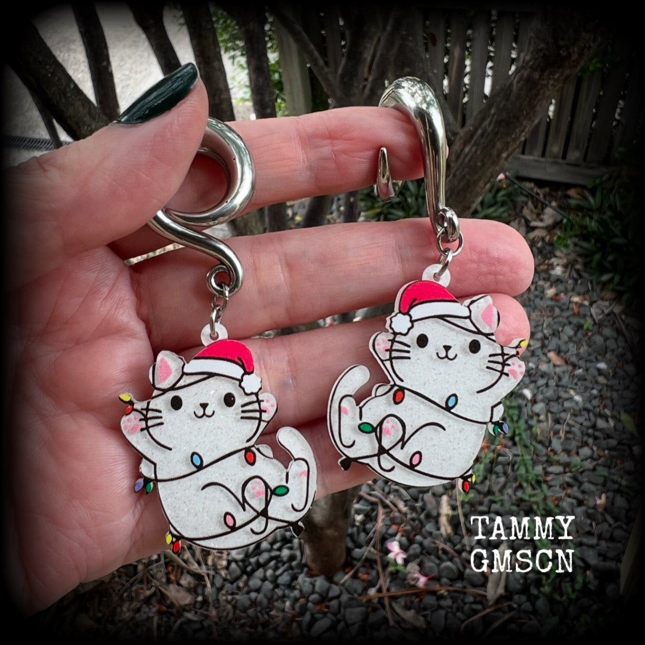 Christmas cat in Santa hat earrings-Christmas tree gauged earrings