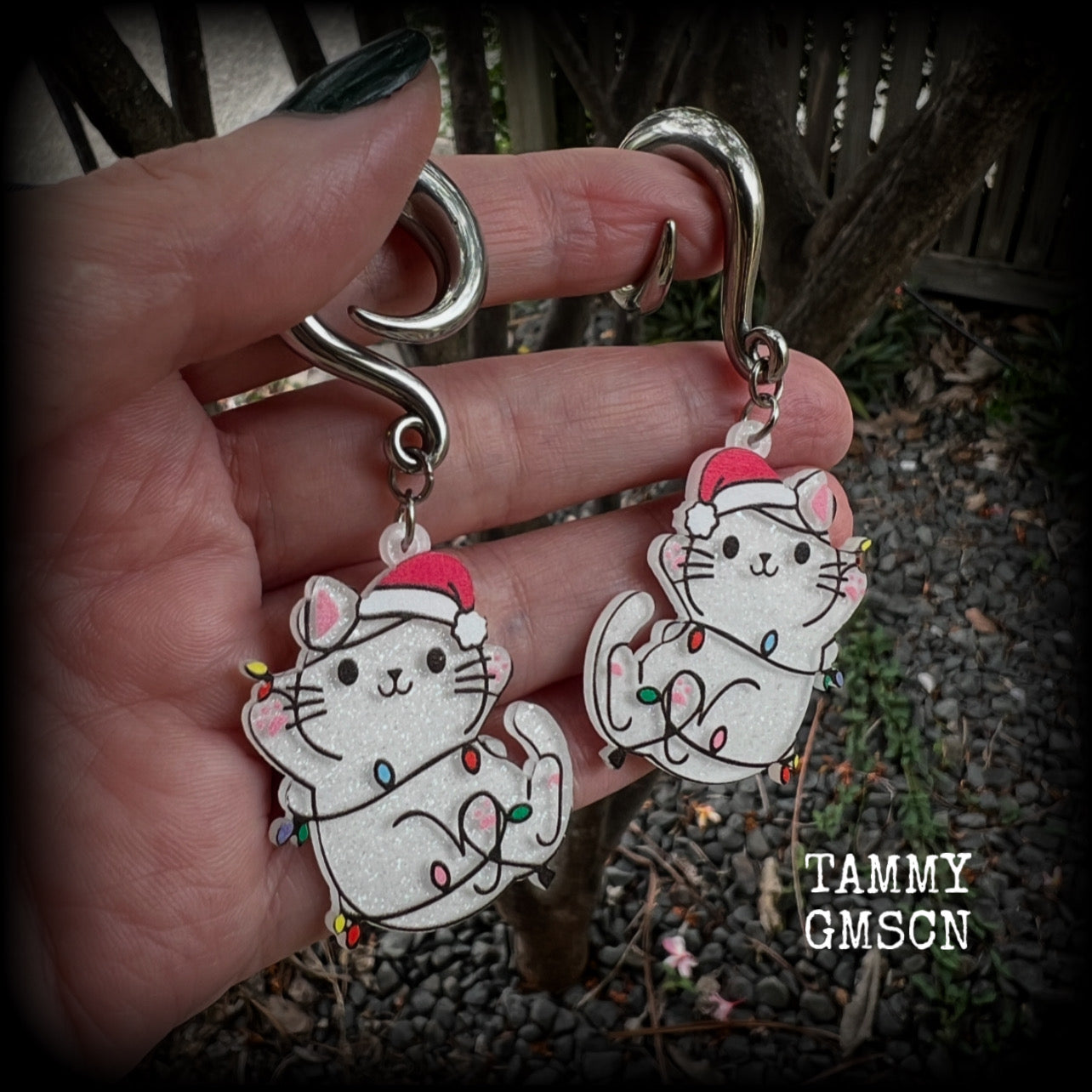 Christmas cat in Santa hat earrings-Christmas tree gauged earrings