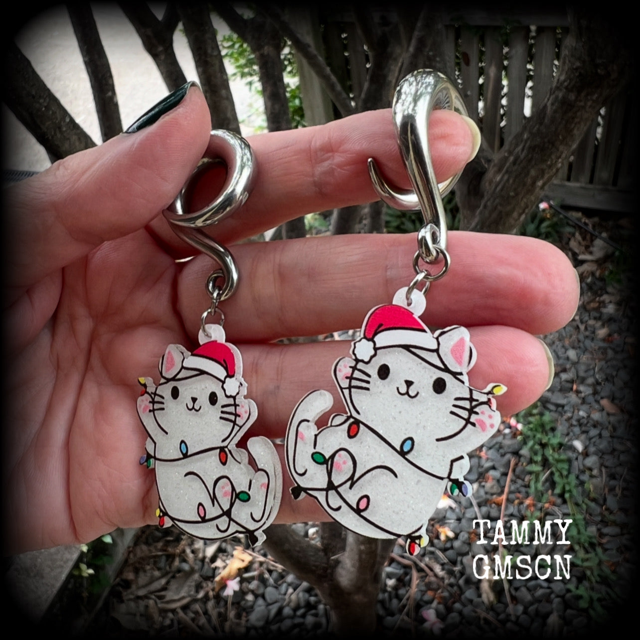 Christmas cat in Santa hat earrings-Christmas tree gauged earrings