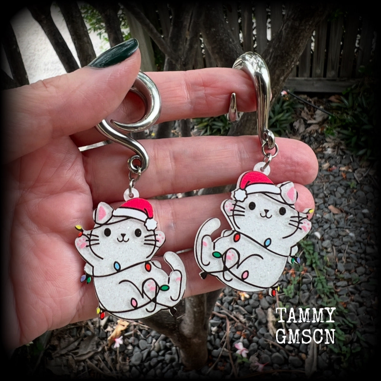 Christmas cat in Santa hat earrings-Christmas tree gauged earrings