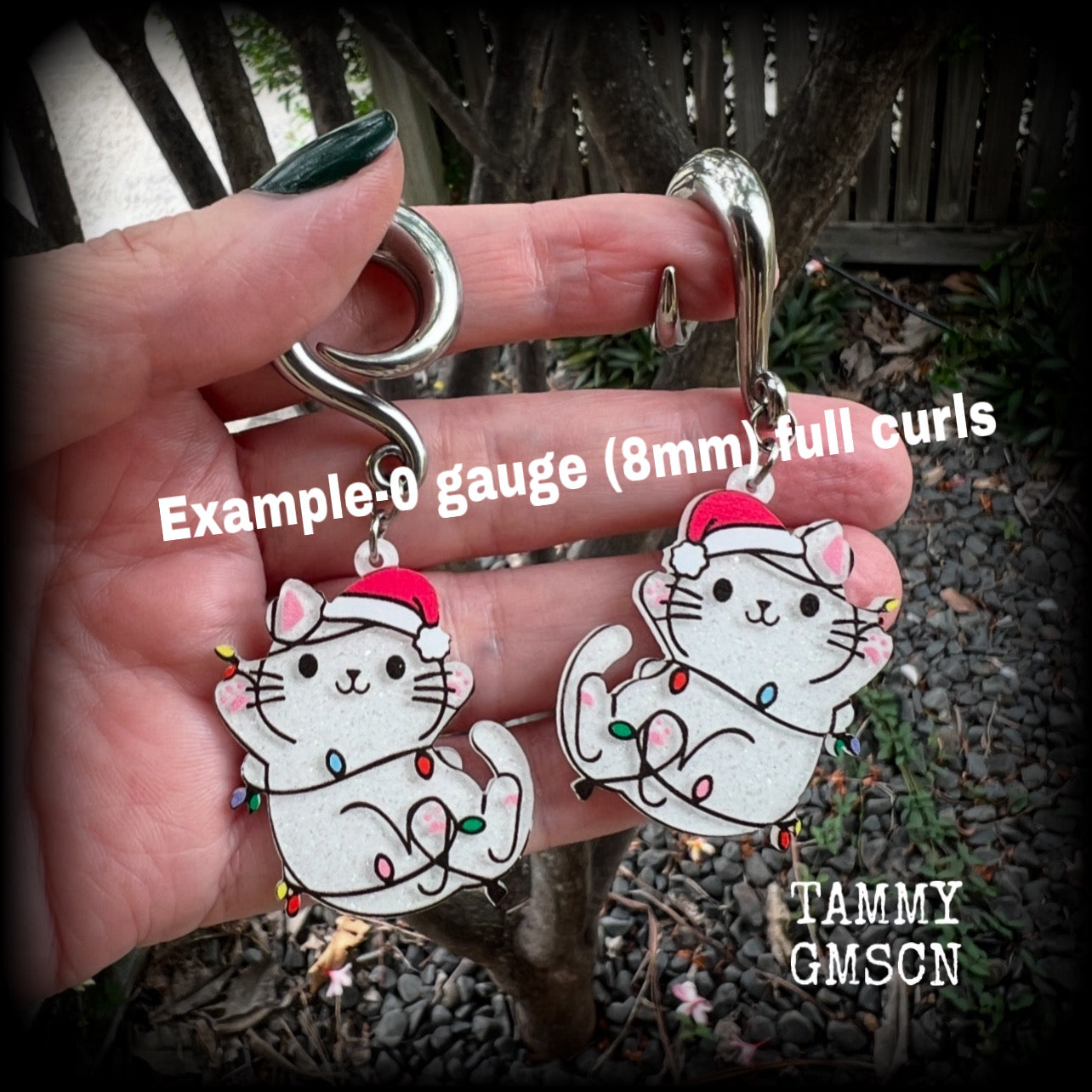 Christmas cat in Santa hat earrings-Christmas tree gauged earrings