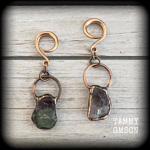 Featuring gorgeous unique fluorite gemstones in an antique copper setting, these gauged earrings measure approx 7.5cms from tip to tip, and weigh approx 15 grams each.

This pair has been made on 6 gauge (4mm) rose gold tone surgical steel full curl hooks, suitable for stretched lobes.