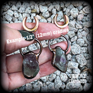 Featuring gorgeous unique fluorite gemstones in an antique copper setting, these gauged earrings measure approx 7.5cms from tip to tip, and weigh approx 15 grams each.

This pair has been made on 1/2” (12mm) rose gold tone surgical steel cradles, suitable for stretched lobes.