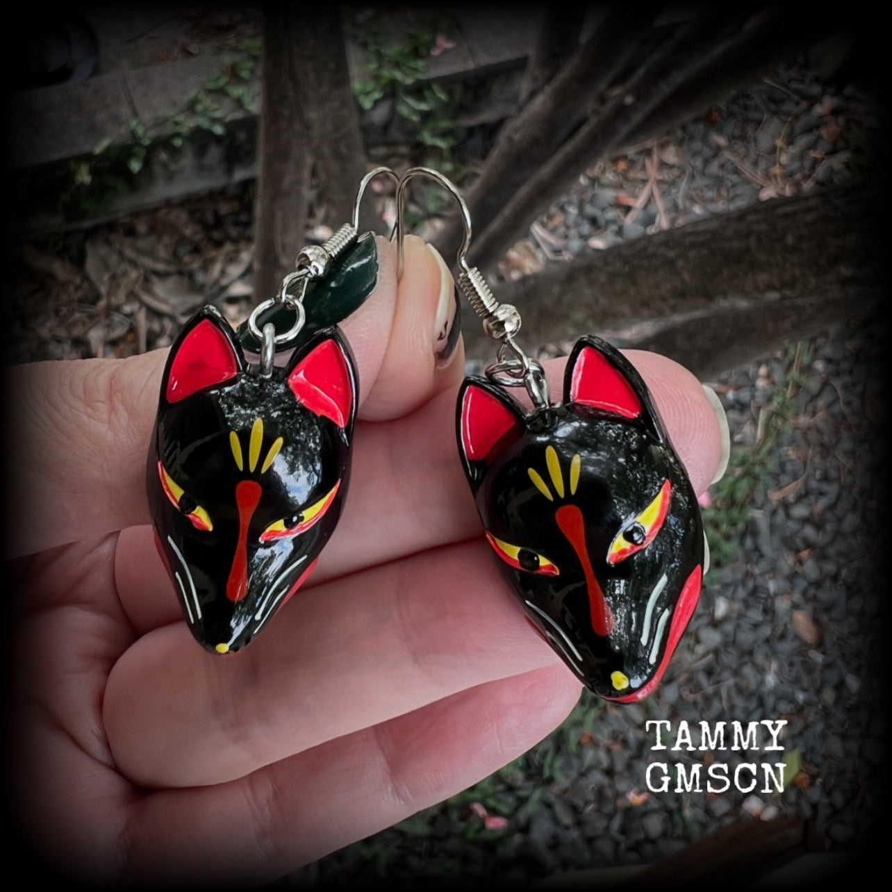 Black kitsune mask earrings-Japanese fox earrings