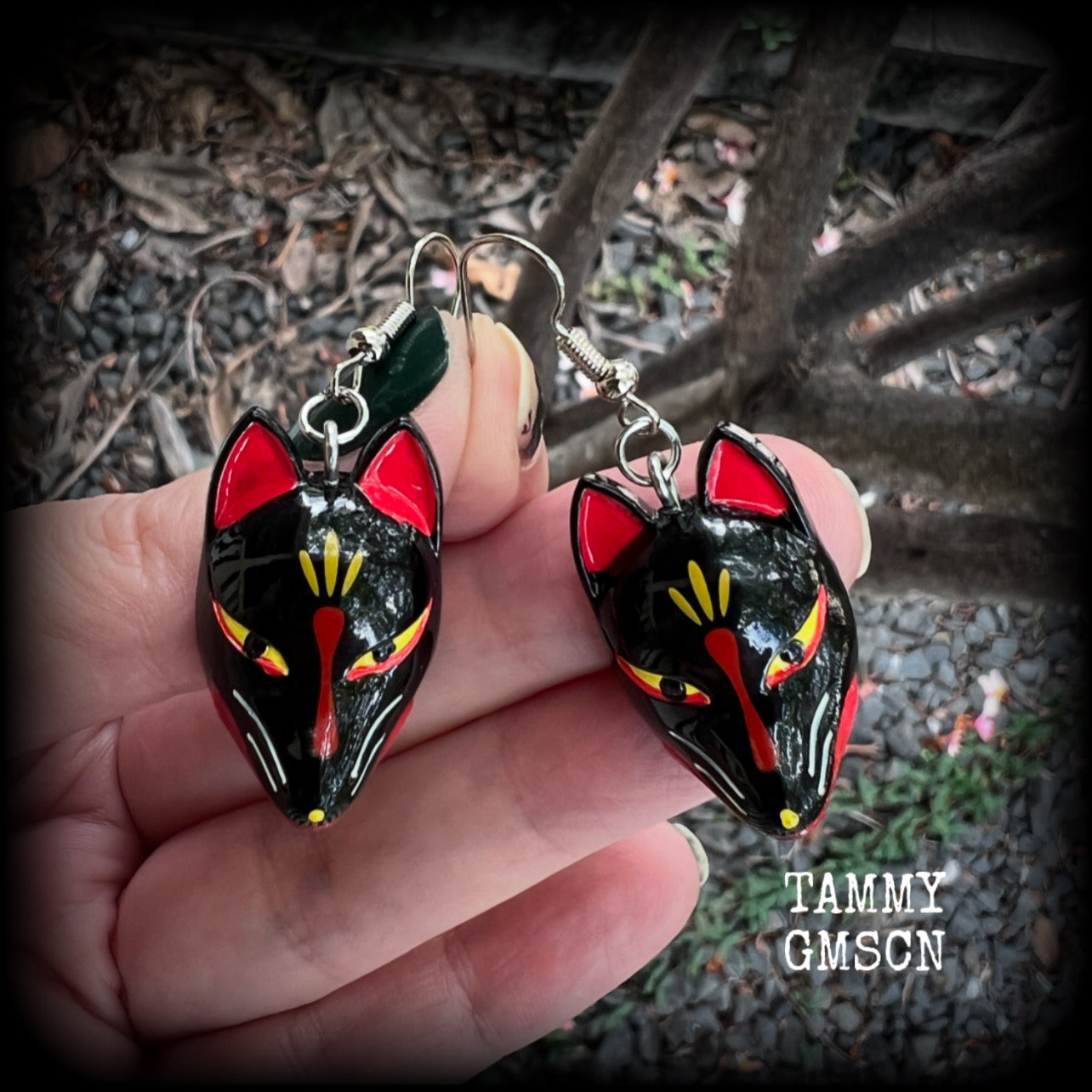 Black kitsune mask earrings-Japanese fox earrings