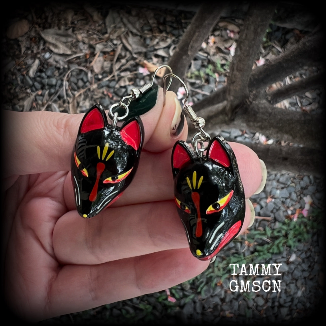 Black kitsune mask earrings-Japanese fox earrings