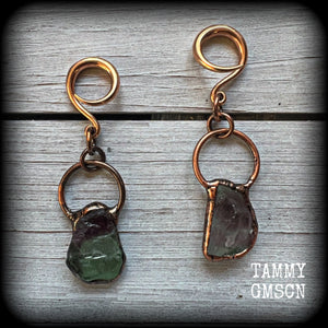 Featuring gorgeous unique fluorite gemstones in an antique copper setting, these gauged earrings measure approx 7.5cms from tip to tip, and weigh approx 15 grams each.

This pair has been made on 6 gauge (4mm) rose gold tone surgical steel full curl hooks, suitable for stretched lobes.