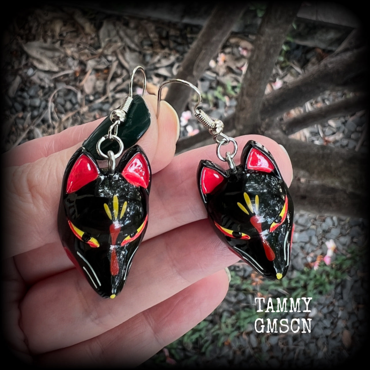 Black kitsune mask earrings-Japanese fox earrings