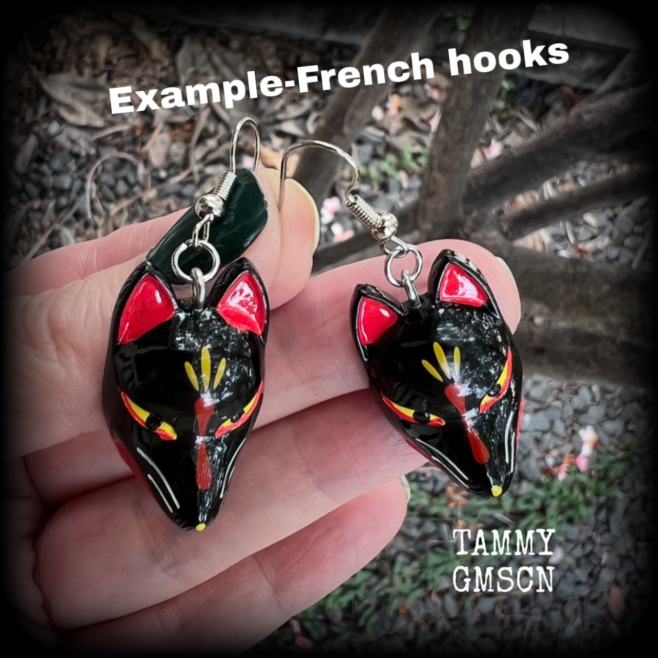 Black kitsune mask earrings-Japanese fox earrings