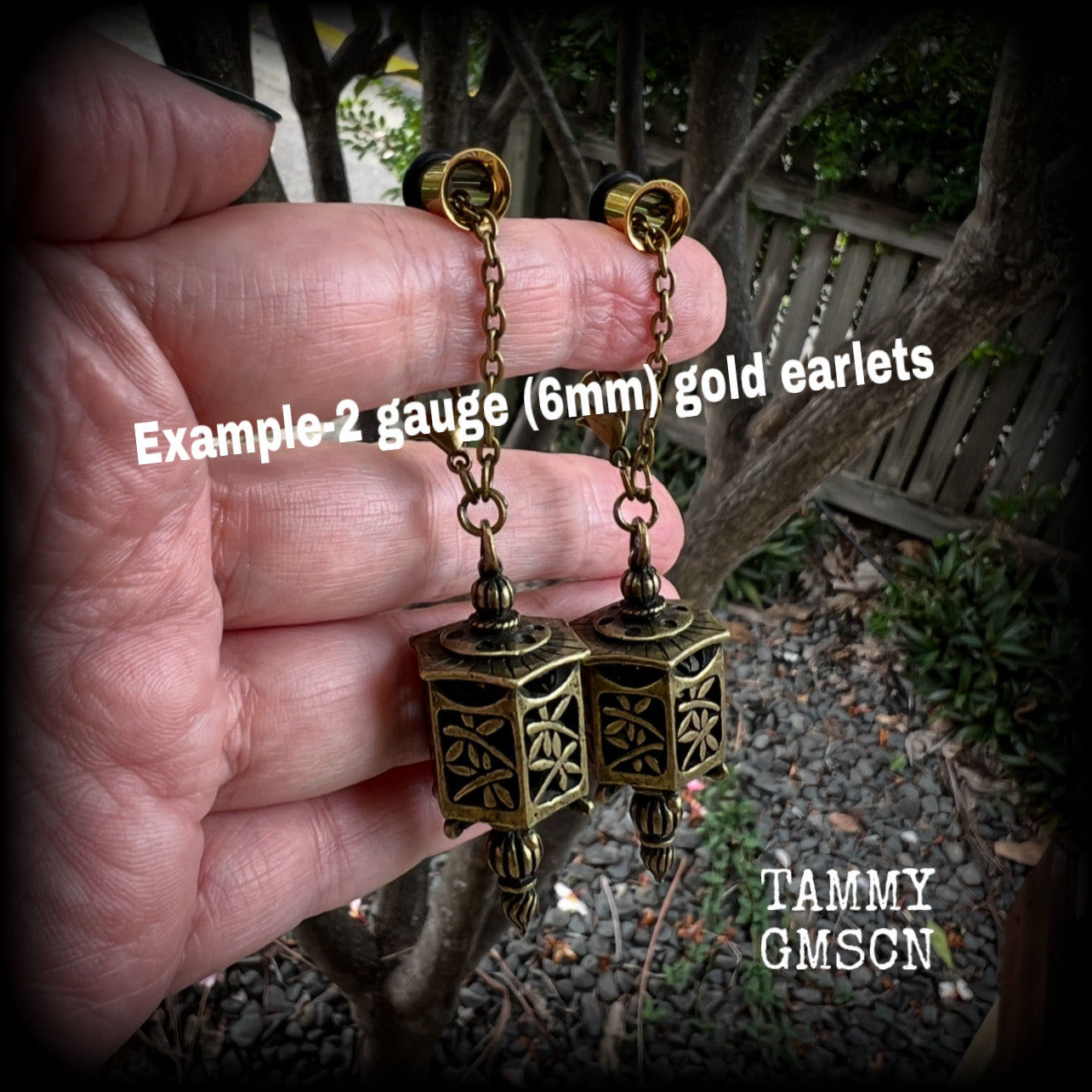 Antique bronze Japanese lantern ear hangers-TUNNELS INCLUDED