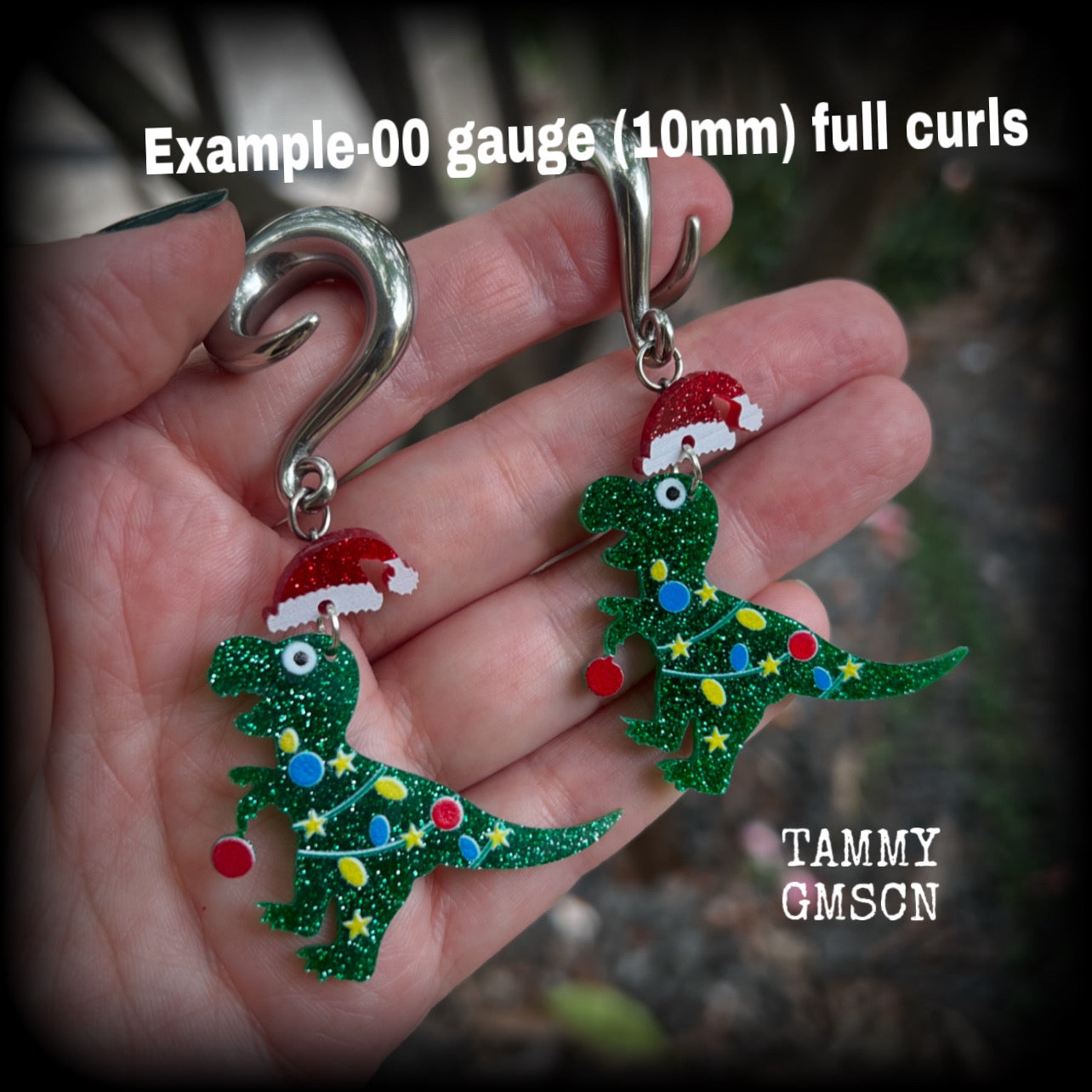 Christmas dinosaur earrings-Christmas tree gauged earrings