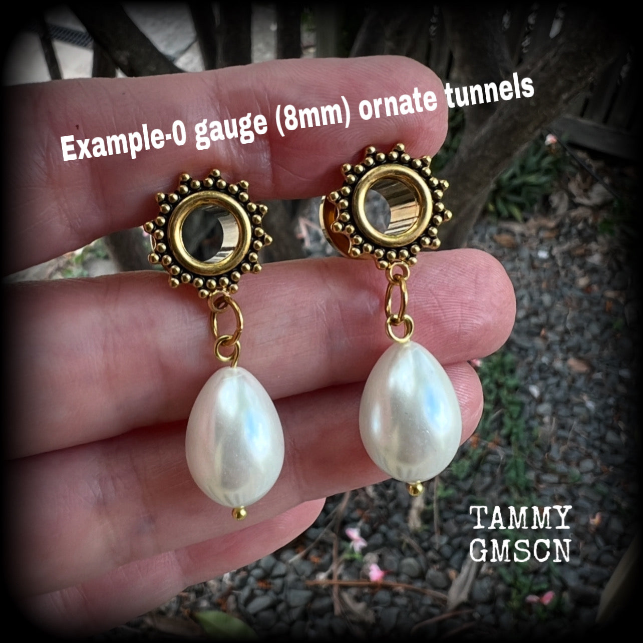 South sea pearl tunnel dangles-Shell ear gauges