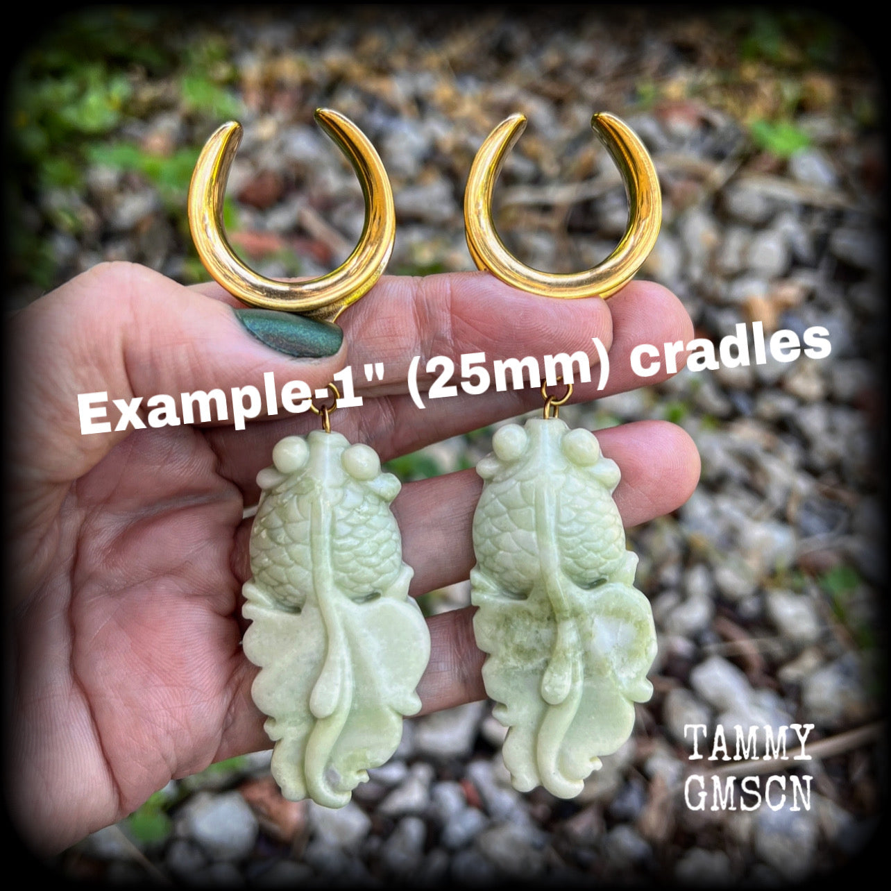 These gorgeous earrings feature carved jade koi fish, weighing approx. 20 grams each and measuring approx 9cms from tip to tip.
This pair have been made on 1” gauge (25mm) surgical steel cradles, suitable for stretched lobes.