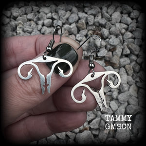 These amazing earrings feature offensive stainless steel female reproductive organs giving the middle finger! Nice and lightweight, weighing only a few grams each, these earrings measure approx 3.5cms from tip to tip.

This pair have been made on stainless steel french hooks, for pierced ears.