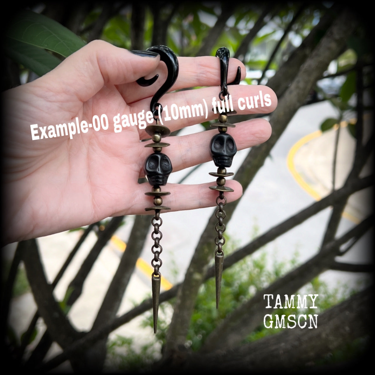 Ogoun stone skull and antique bronze gauged earrings-Voodoo skull ear weights