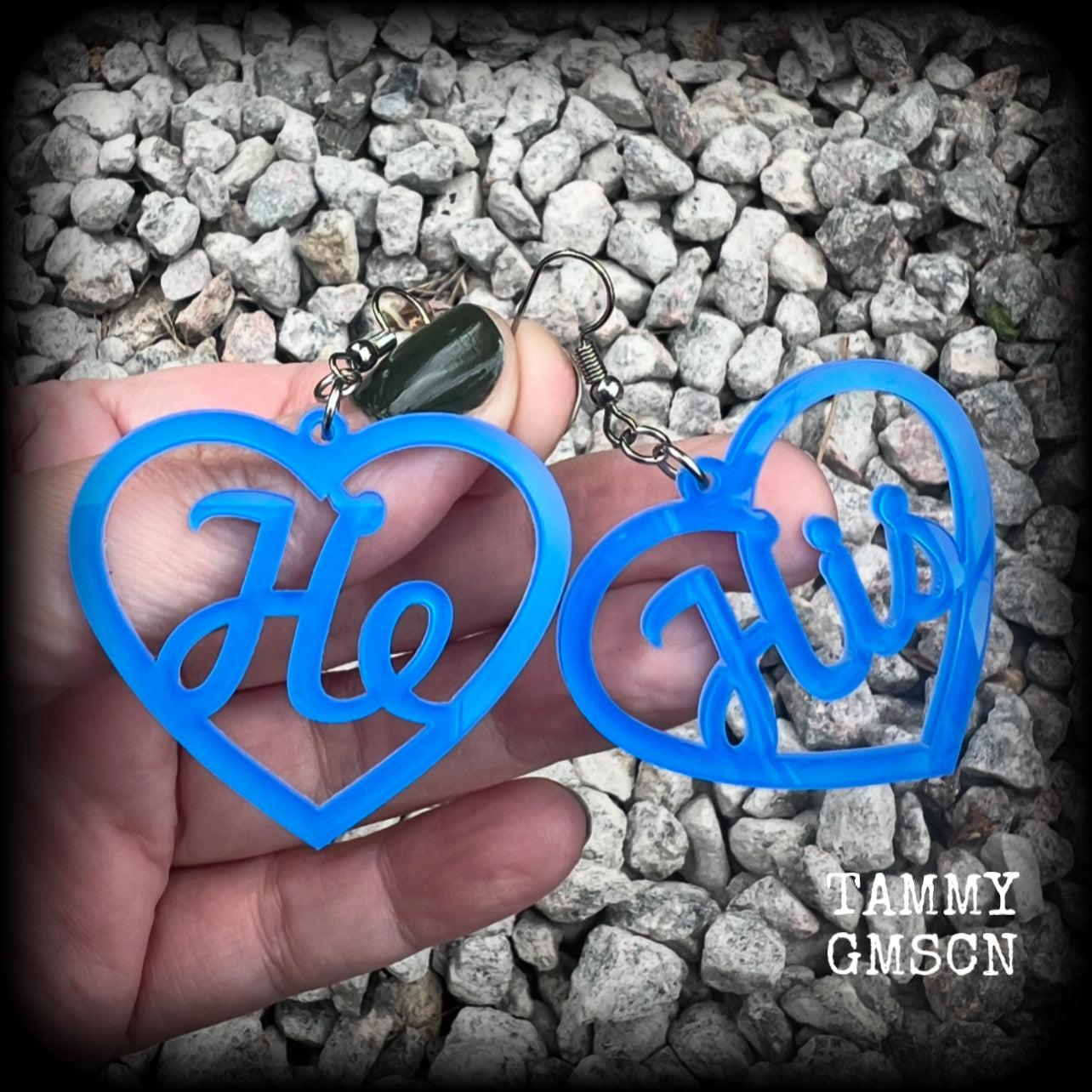 These awesome earrings feature gorgeous bright neon blue hearts showing the pronouns HE/HIS. 
These are nice and lightweight (at only a few grams each), and measure approx 6.5cms from tip to tip.

This pair have been made on stainless steel french hooks, for pierced ears.