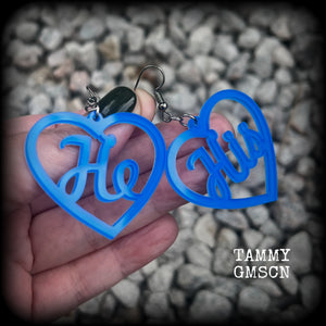 These awesome earrings feature gorgeous bright neon blue hearts showing the pronouns HE/HIS. 
These are nice and lightweight (at only a few grams each), and measure approx 6.5cms from tip to tip.

This pair have been made on stainless steel french hooks, for pierced ears.
