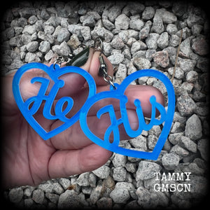 These awesome earrings feature gorgeous bright neon blue hearts showing the pronouns HE/HIS. 
These are nice and lightweight (at only a few grams each), and measure approx 6.5cms from tip to tip.

This pair have been made on stainless steel french hooks, for pierced ears.