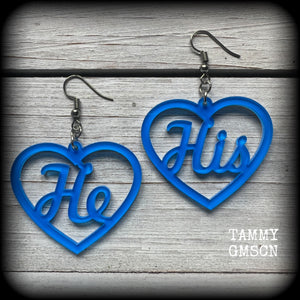 These awesome earrings feature gorgeous bright neon blue hearts showing the pronouns HE/HIS. 
These are nice and lightweight (at only a few grams each), and measure approx 6.5cms from tip to tip.

This pair have been made on stainless steel french hooks, for pierced ears.
