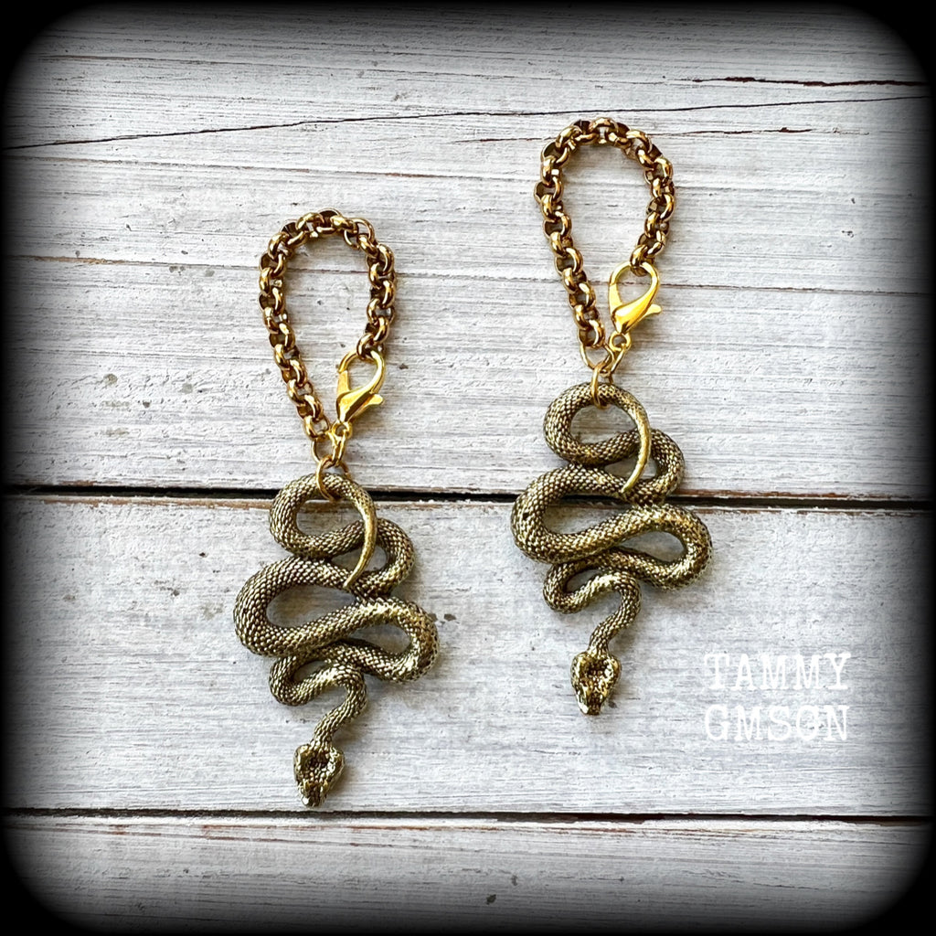 Brass serpent tunnel earrings-Tunnel dangles