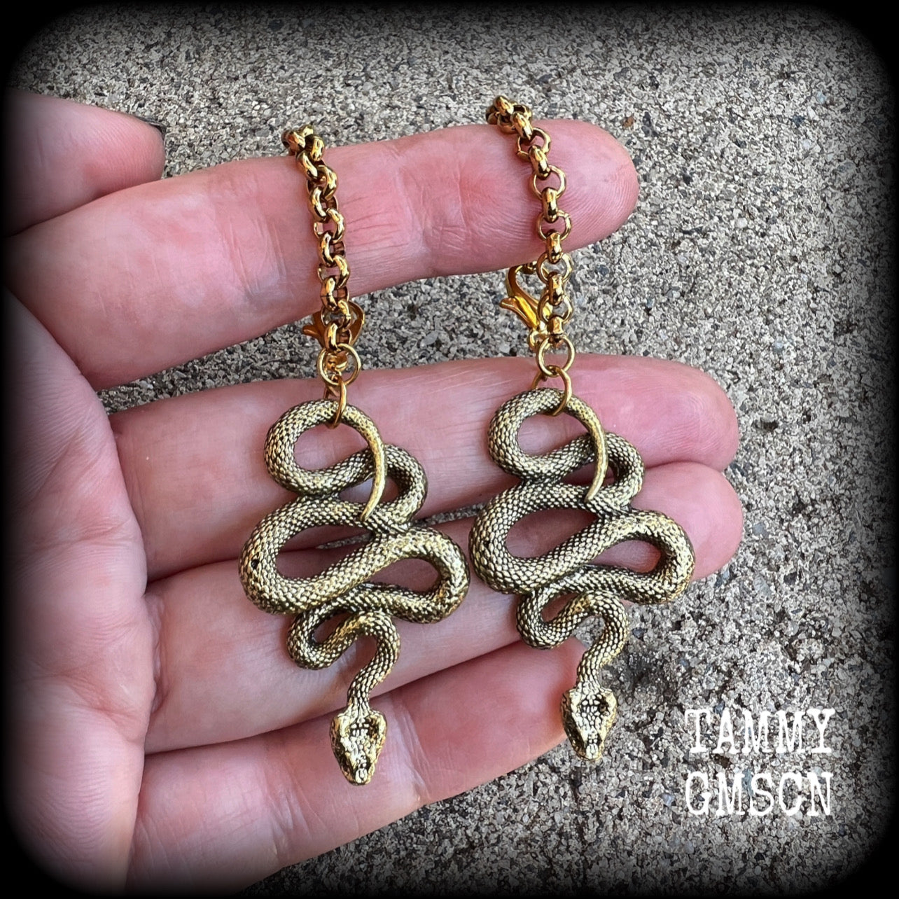 Brass serpent tunnel earrings-Tunnel dangles