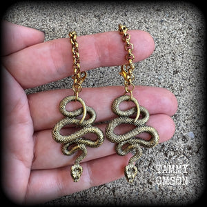 Brass serpent tunnel earrings-Tunnel dangles