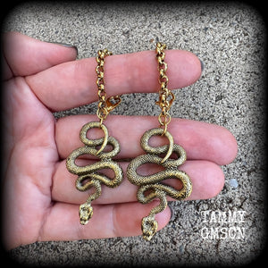 Brass serpent tunnel earrings-Tunnel dangles