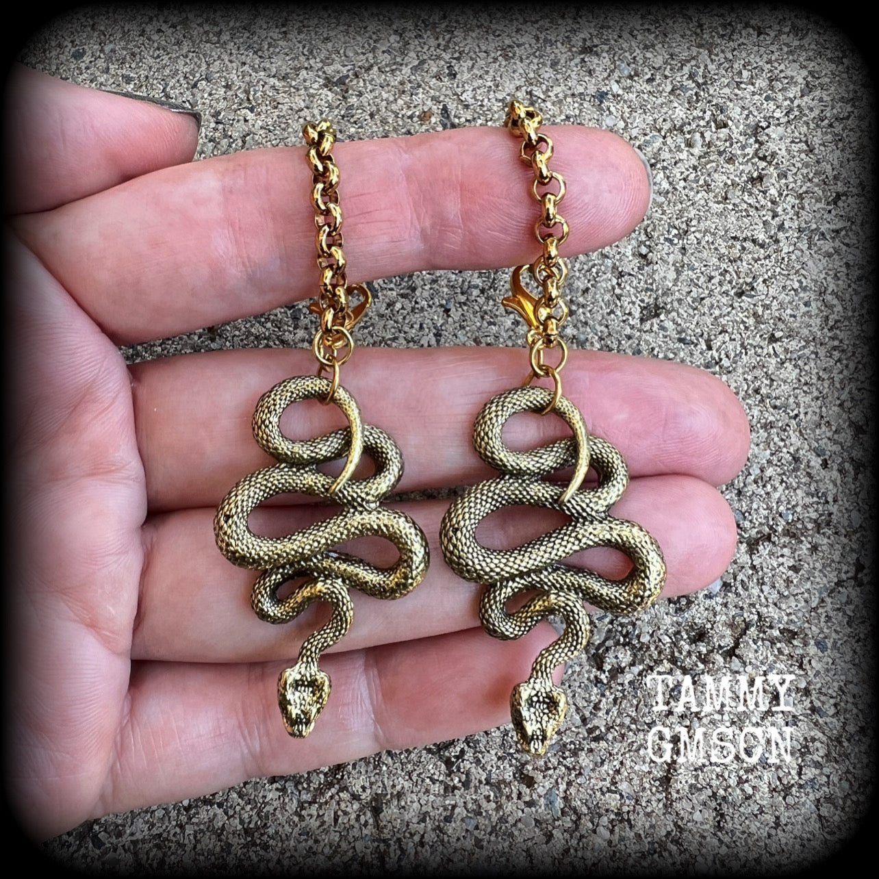 Brass serpent tunnel earrings-Tunnel dangles