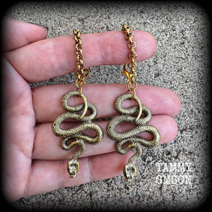 Brass serpent tunnel earrings-Tunnel dangles